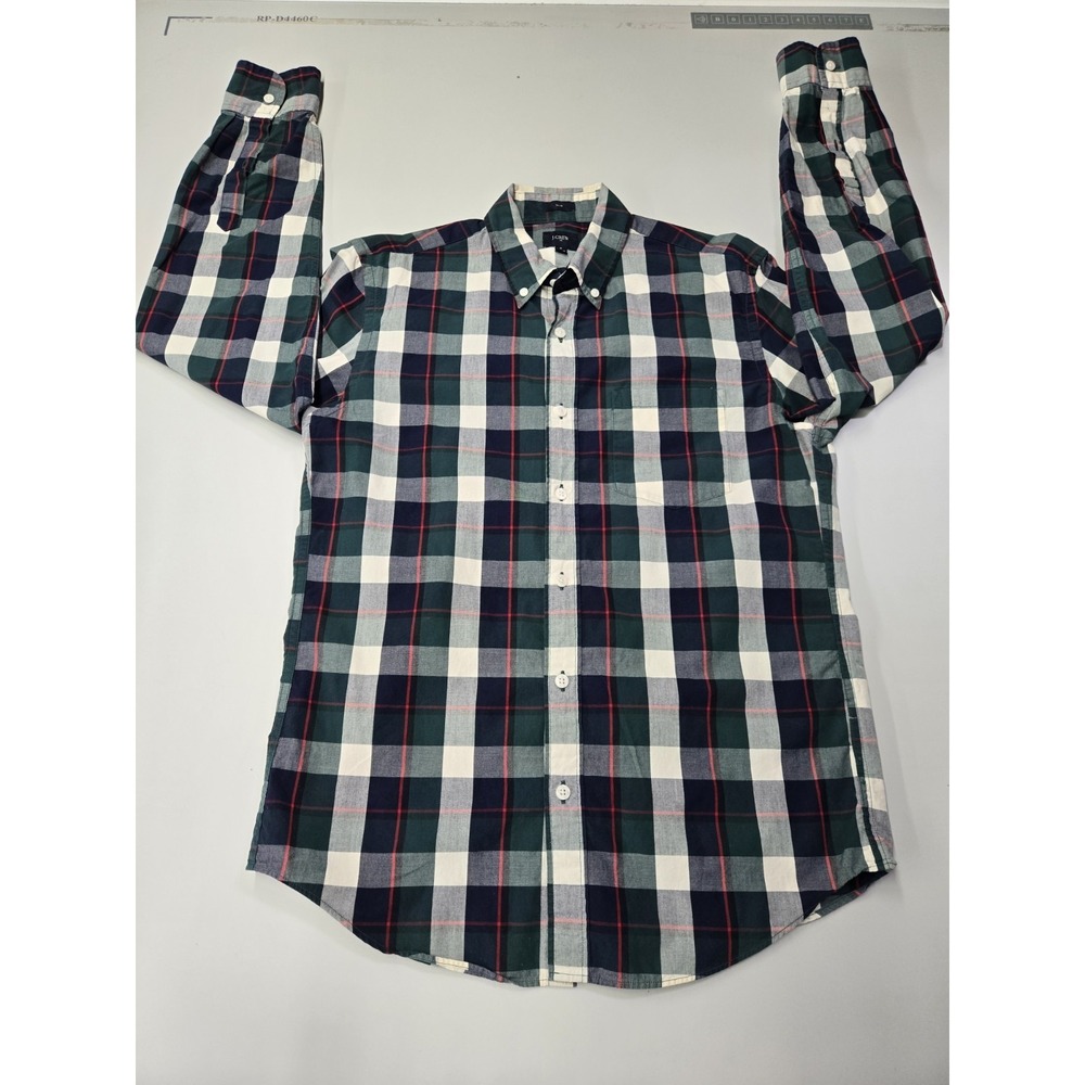 J.CREW Men's Slim Fit Cotton Plaid Button Down Shirt Navy‎ Green Ivory Size M